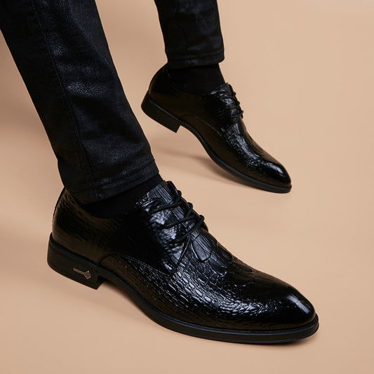 Men's Korean Style Genuine Groom Wedding Crocodile Pattern Green British Men's Business Leather Shoes