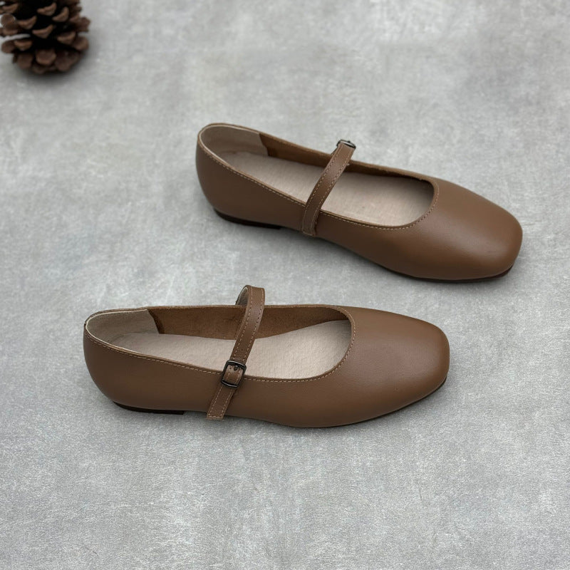 Women's Pumps Artistic Buckle Round Toe Flat Bottom Soft Cowhide Women's Casual Shoes