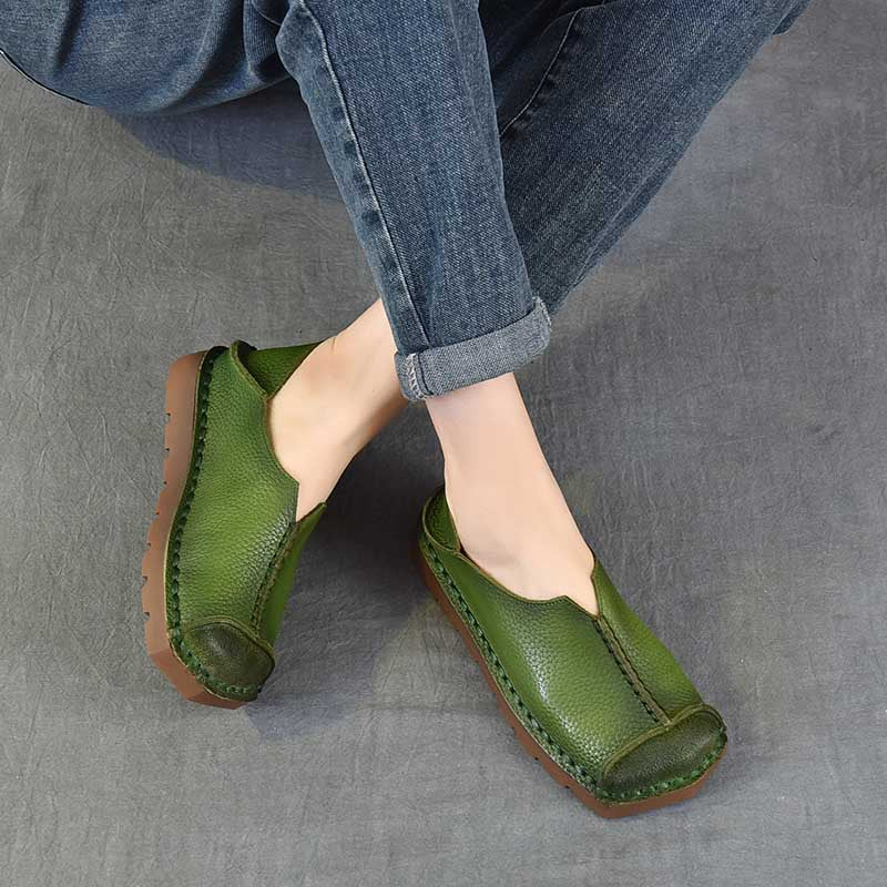 Women's First Layer Cowhide Vintage Soft Bottom Surface Square Toe Step-on Women's Casual Shoes