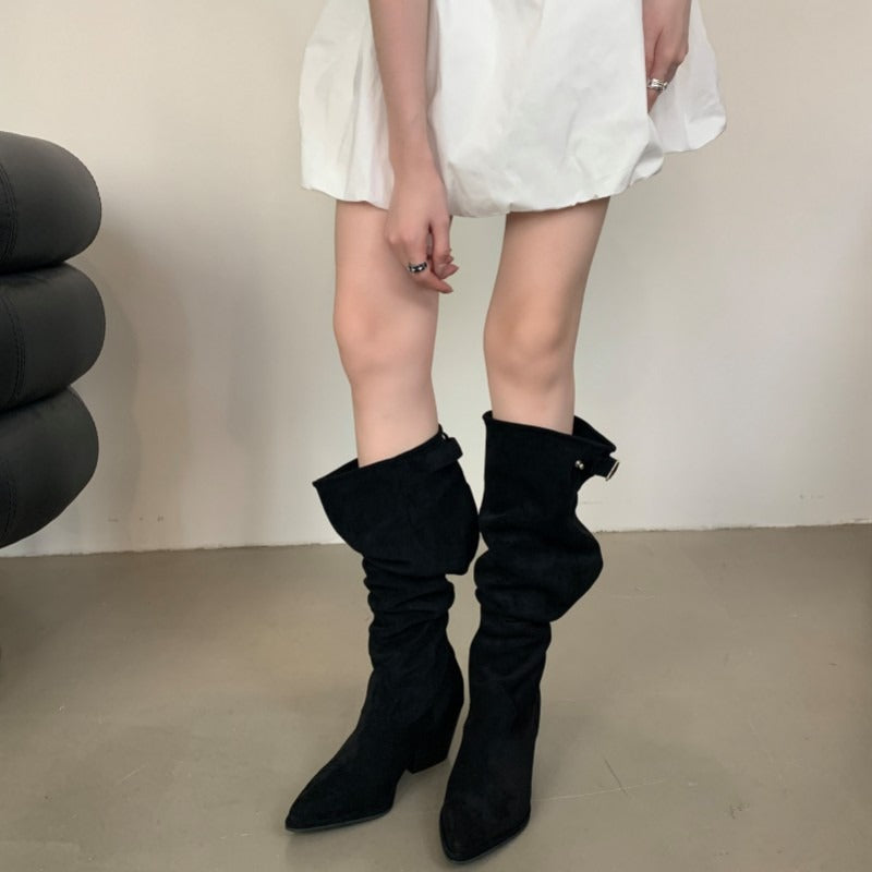 High Handsome Long Female Pointed Toe Chunky Elastic Large Tube Boots