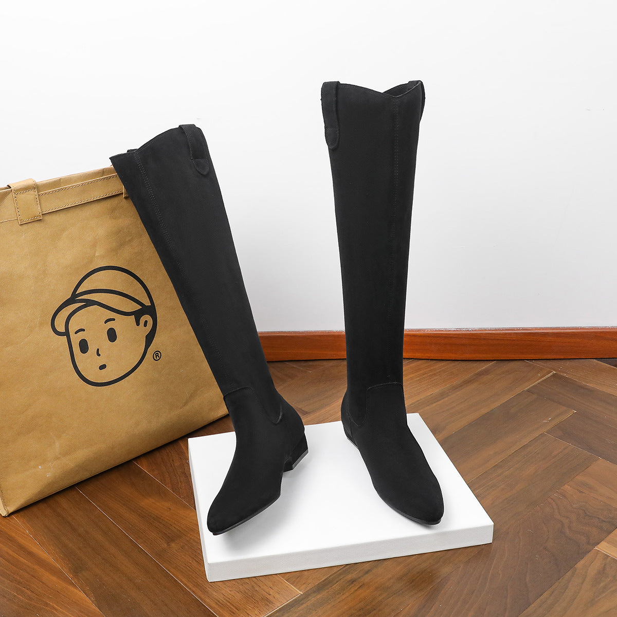 Wide Pleated Pile Style Slimming Versatile Women's Leather Boots