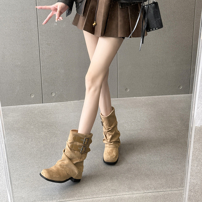Women's Western Cowboy Round Head Chunky Thick-soled Women's Leather Boots
