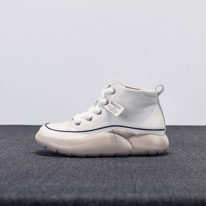 Women's Layer Cowhide White Spring Thick Bottom Nurse Casual Shoes