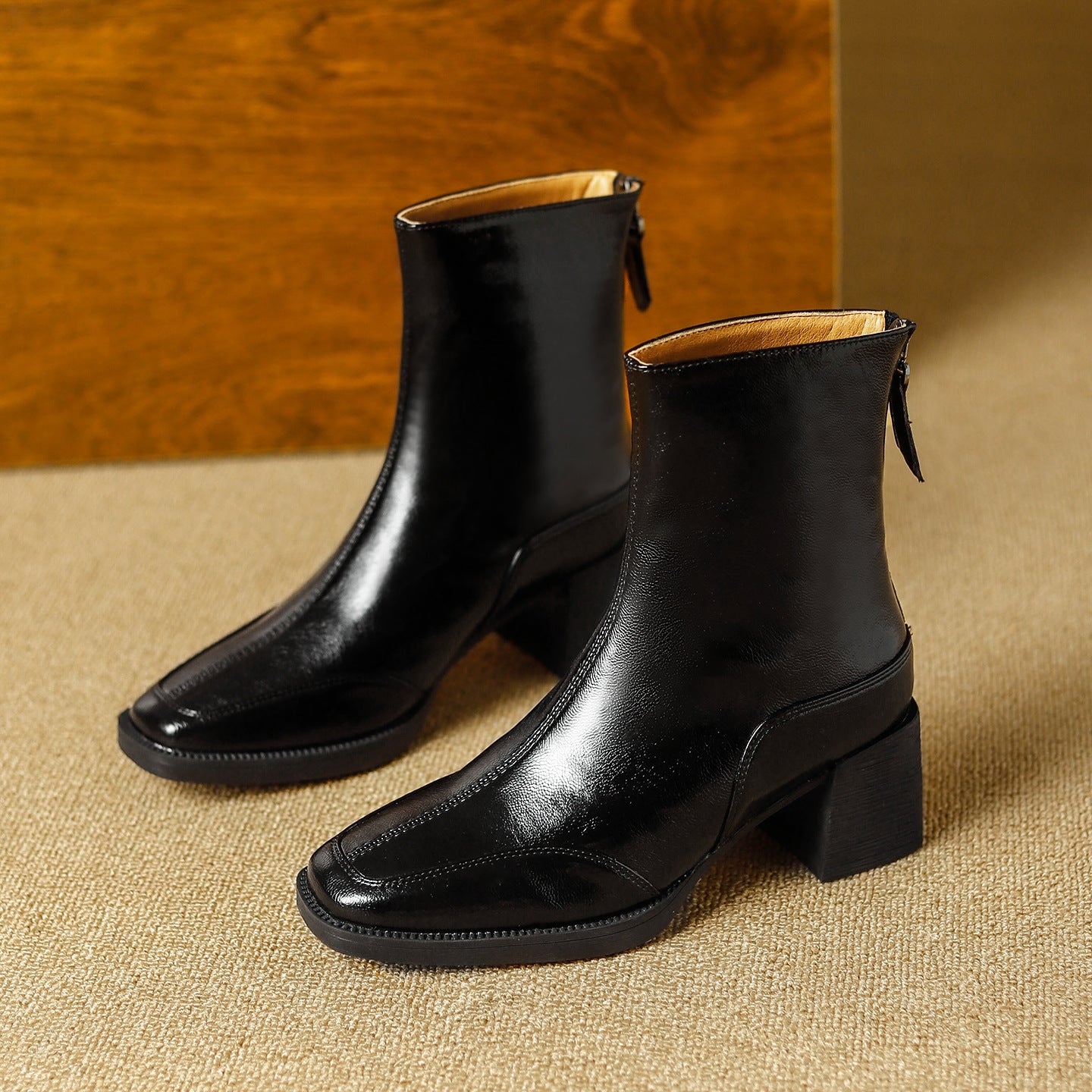 Women's Skinny French Brown Winter Chunky Square Women's Leather Boots