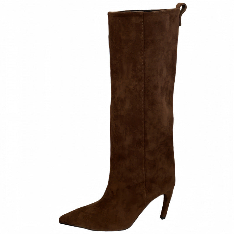 Pointed Toe High Leg Simple Temperament Pure Color Women's Leather Boots
