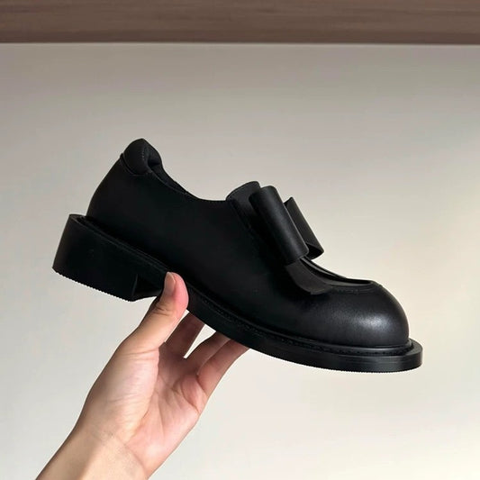 Women's Genuine Preppy Style Bow Round Toe Chunky Leather Shoes