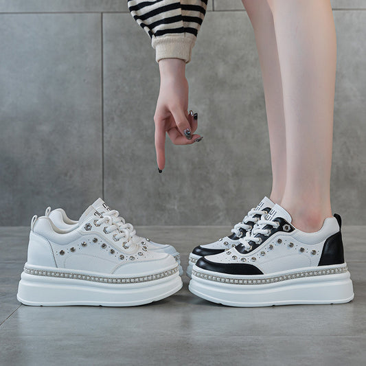 Thick Bottom White Platform Small Rhinestone Pearl Genuine Casual Shoes