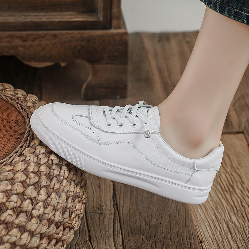 Women's Layer Cowhide Low-cut White Summer Pumps Leather Shoes