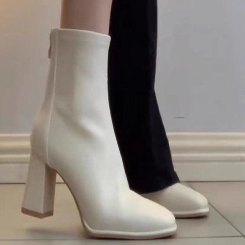 Women's Beige French Style Temperament Gas Field High Women's Leather Boots
