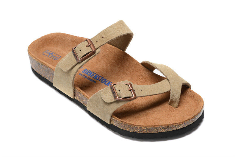 Women's & Men's Single Buckle Soft Bottom Cork Toe Ring Flat Slippers