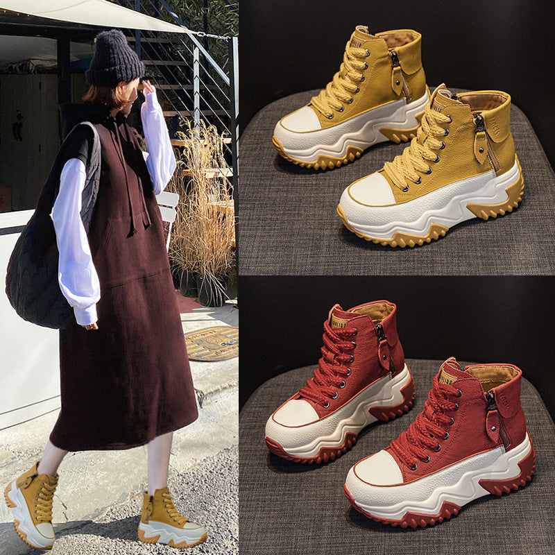 Women's Explosion Board Height Increasing Insole Dad Korean Style Women's Leather Boots