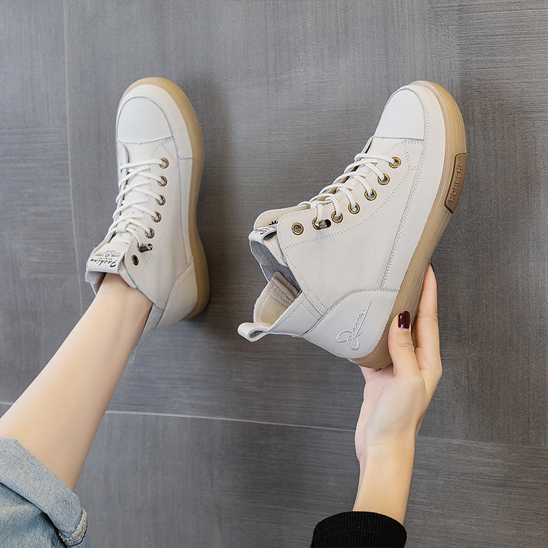 Women's High Top White Flat Mori Board Layer Cowhide Casual Shoes