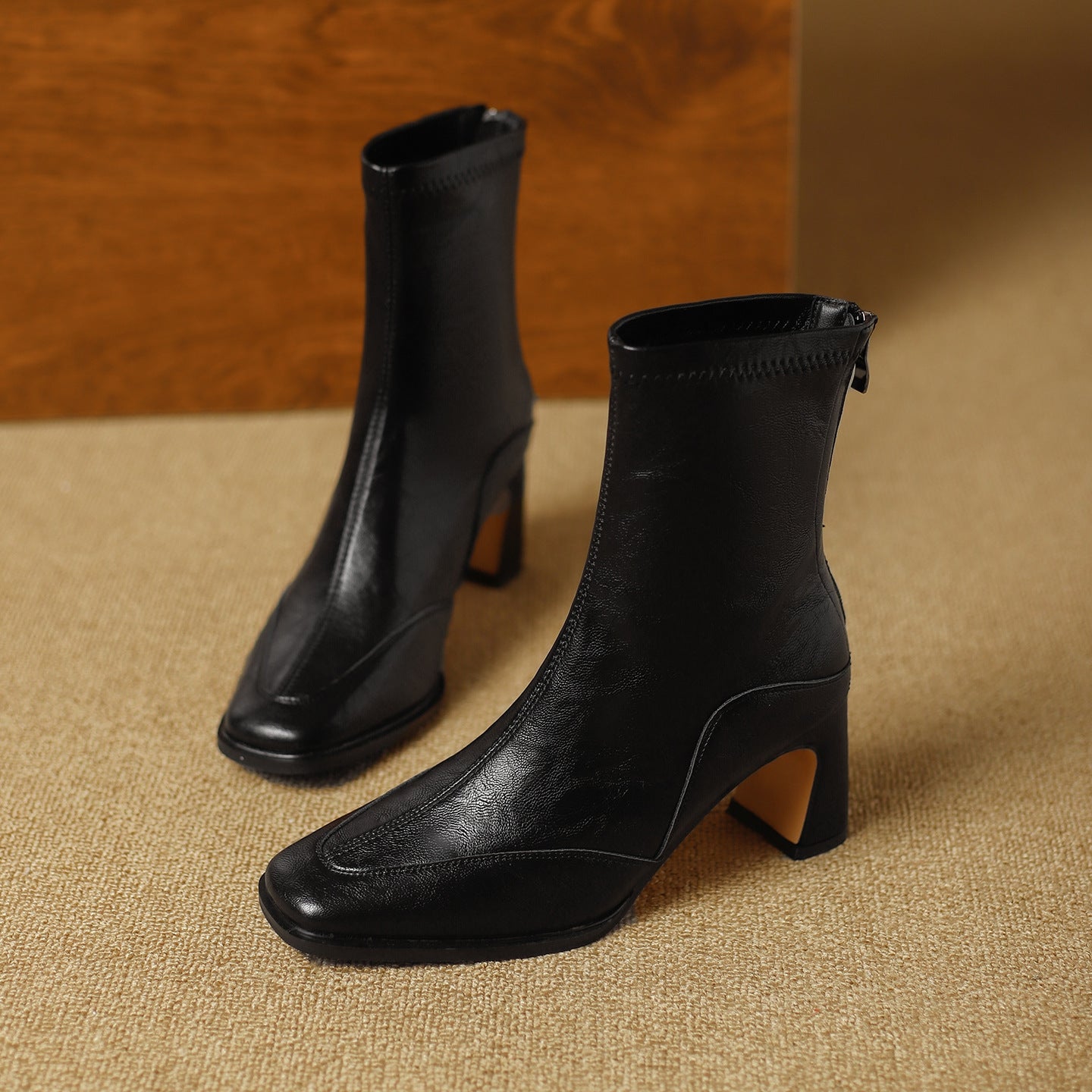 Women's Square Toe Booties Chunky Back Zip Soft Artistic Retro Style Women's Leather Boots