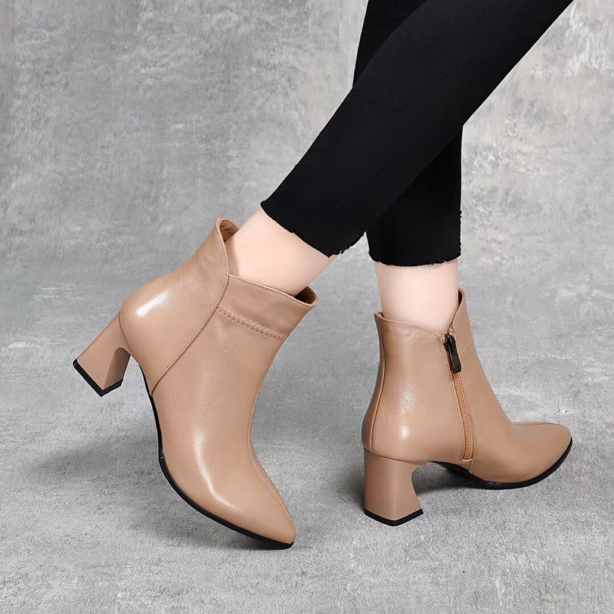 Women's Genuine Flat Soft Booties Pointed Toe Chunky Women's Leather Boots