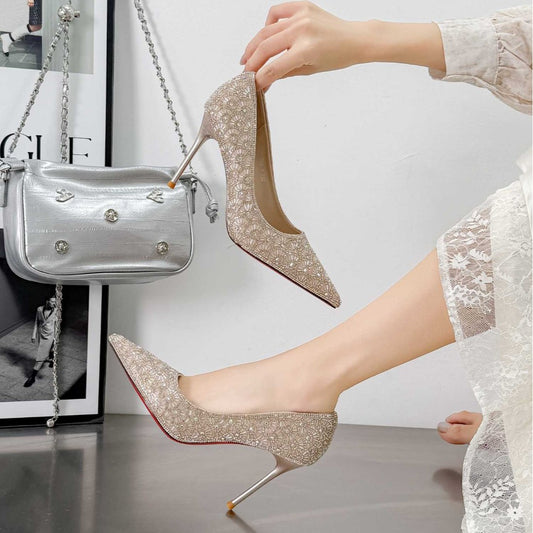 Women's Crystal Pearl Full Diamond Low-cut Stiletto High Pumps Daily Heels