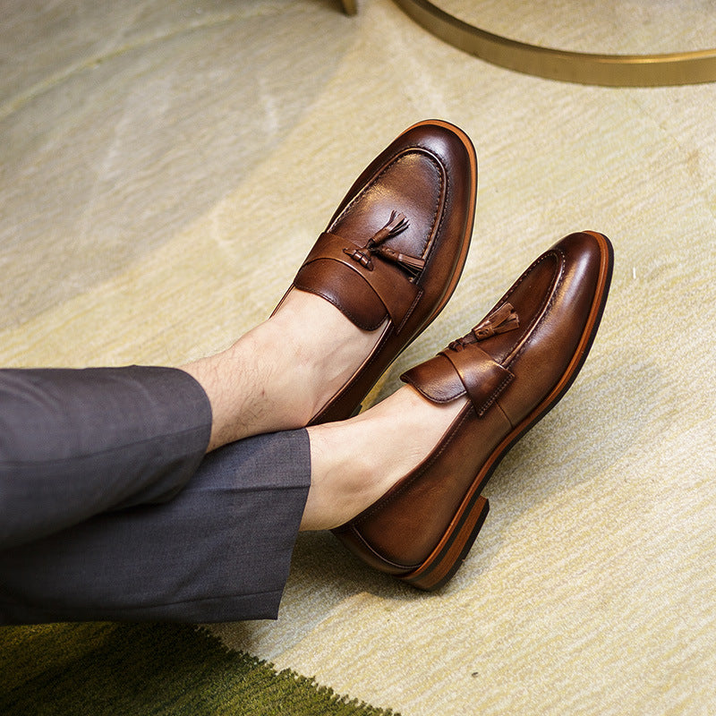 Men's Summer High-grade Round Toe Tassel Business British Style Retro Slip-on Loafers/doug Shoes