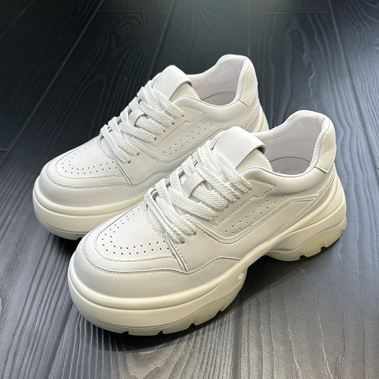 Women's Platform White Lace Up Increased Versatile Leather Shoes