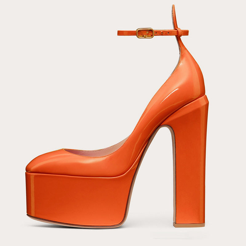 Waterproof Platform Patent Round Head Thick Bottom Ankle Ring Women's Shoes