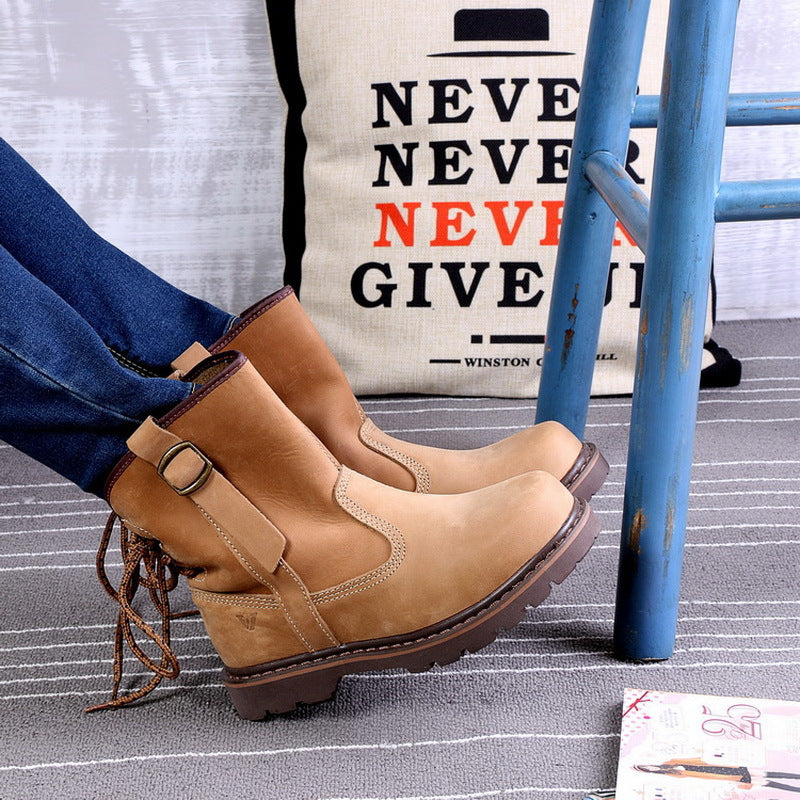 Women's & Men's Short Martin Trendy Knight Cowhide Mongolian Riding Outdoor British Women's Leather Boots