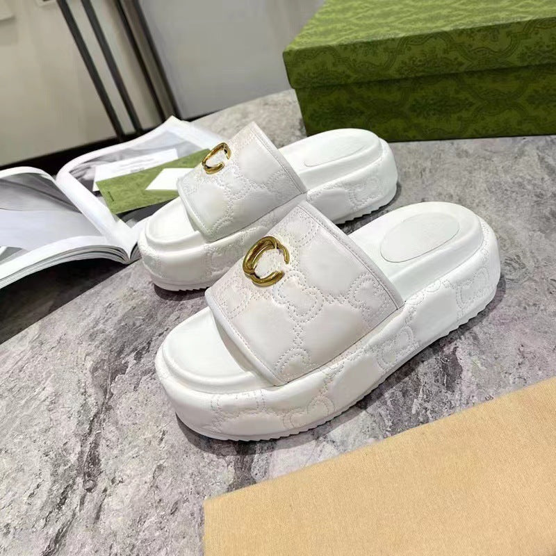 Women's Platform Embroidered Thread Height Increasing Metal Slippers