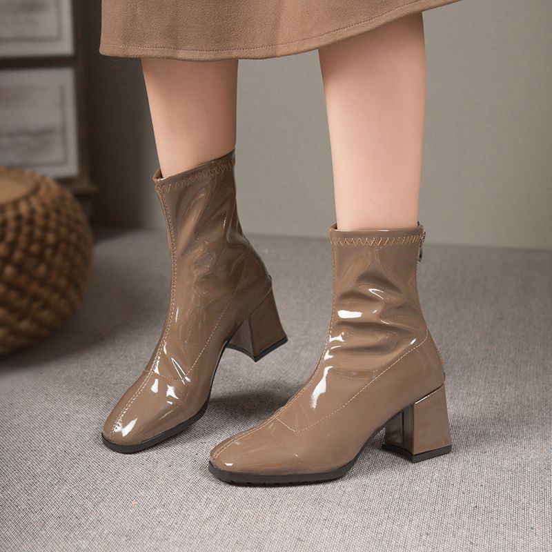 Women's French Style Square Toe Chunky Short High Western Rear Zipper Women's Leather Boots