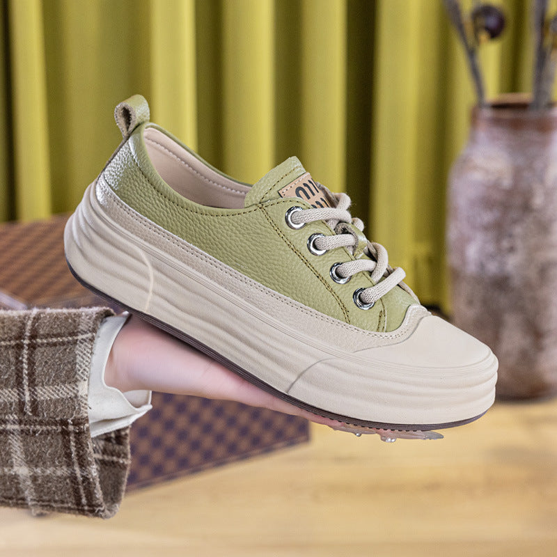 Women's Thick-soled White Not Top Cowhide Board Sneakers