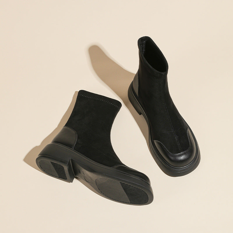 Women's Style Round Toe Suede Ankle Socks Thick Bottom Platform Stretch Women's Leather Boots