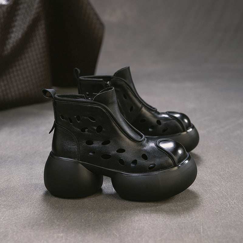 Women's First Layer Cowhide Round Toe Hollowed Fashion Platform Women's Shoes
