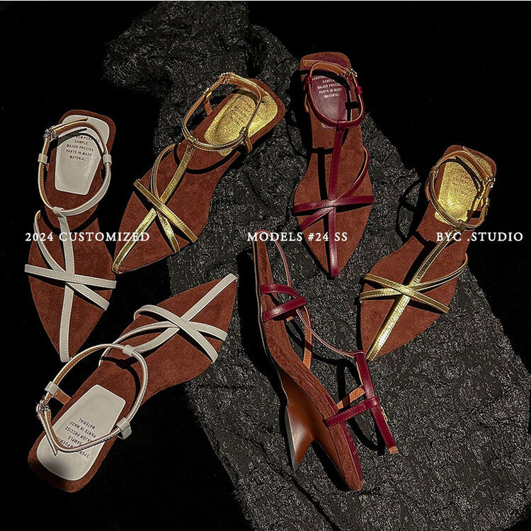Women's Fashion Summer Cowhide Thin Strap Open Toe High Heeled Sandals