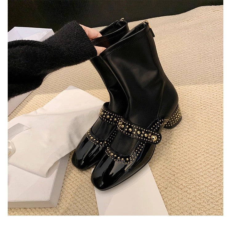 Head Rivet Back Zipper Tube Springy Women's Leather Boots
