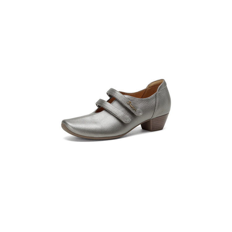 Elegant Soft Sheepskin Square Toe Mary Jane Low Velcro Deep Women's Fashion Shoes