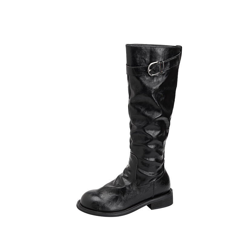 Thick Bottom Riding Plus Size Pleated Soft High Women's Leather Boots