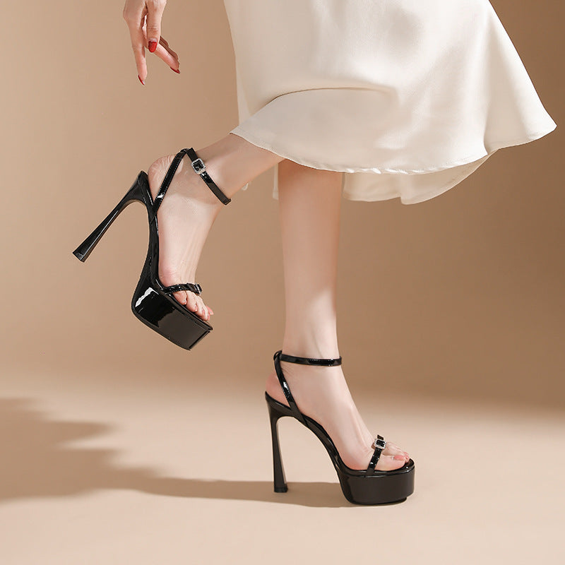 Women's Sexy Strap Stiletto Buckle Black Round Heels