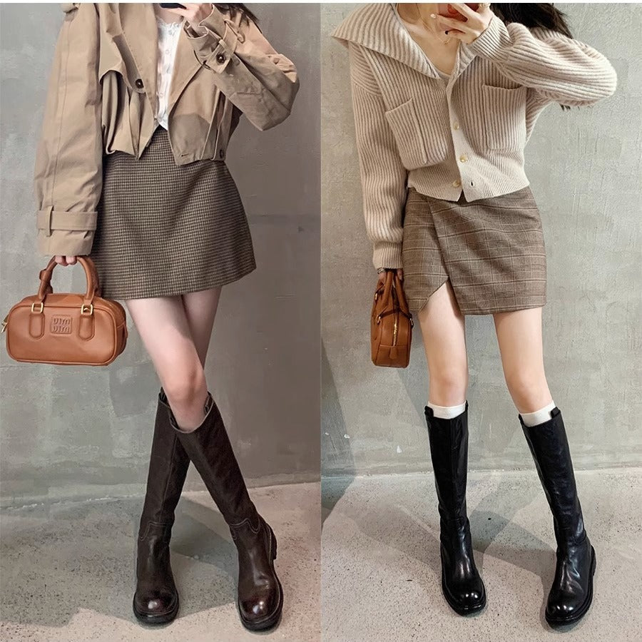 Second Hair Grape Mom Retro Washed Horse Slimming Zipper Chunky Women's Leather Boots