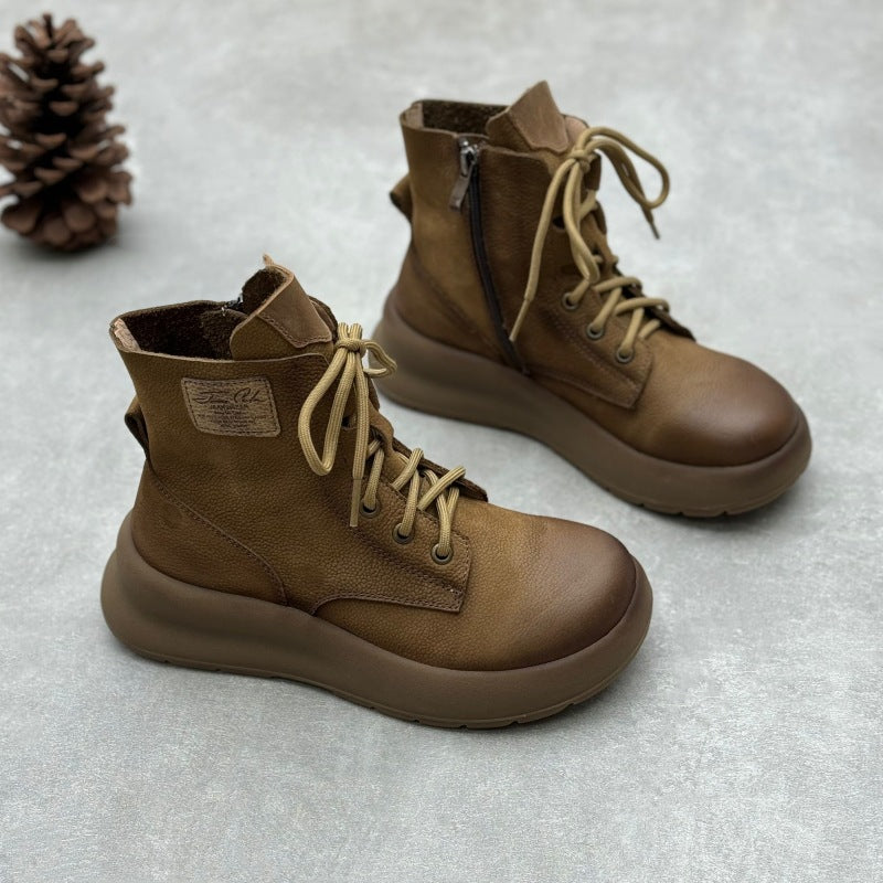 Women's Handmade Thick-soled Martin Retro Artistic Round Toe Side Zip Women's Leather Boots