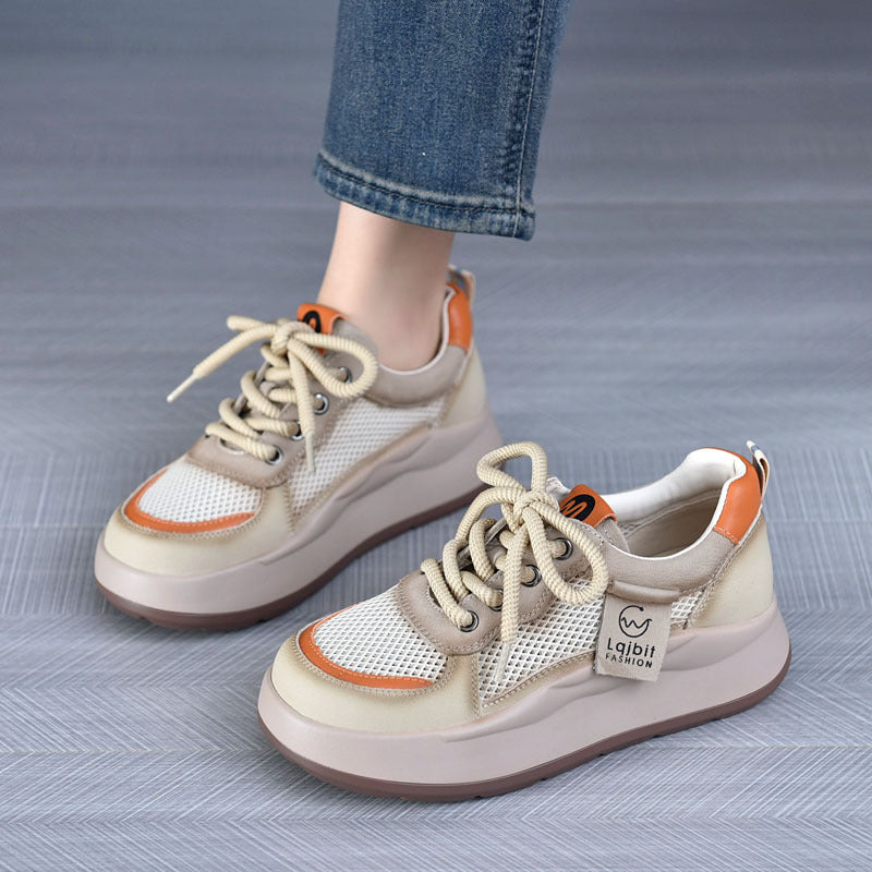 Women's First Layer Calf Retro Platform Color Matching Casual Shoes