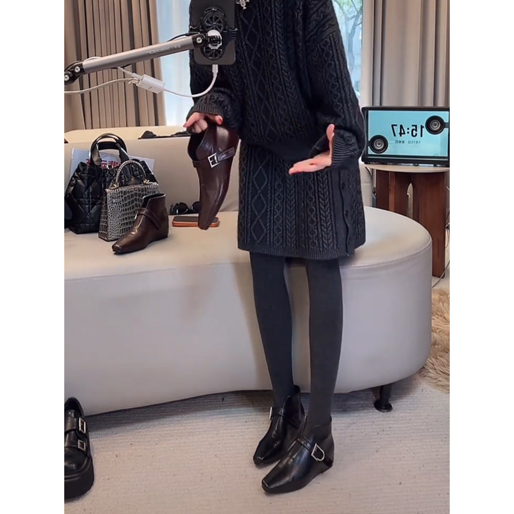 Inner Height Increasing Female Square Toe Small Versatile Slimming British Women's Leather Boots