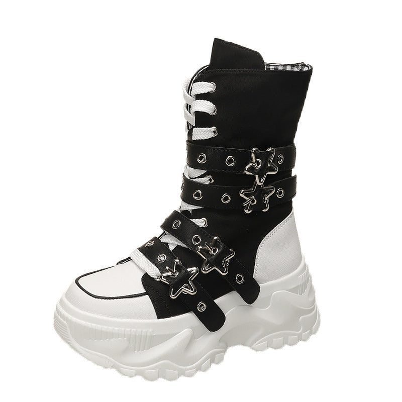 Women's Platform Martin Round Toe Belt Buckle Motorcycle Strap Women's Leather Boots