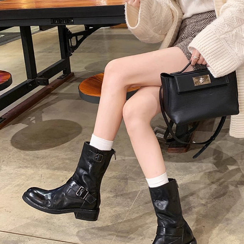 Women's Fashionable Buckle Design Martin Round Toe Boots