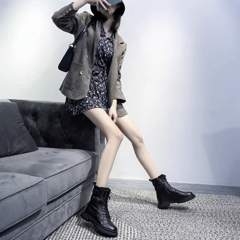 Women's Genuine Flat Martens Autumn Soft Bottom Black Short Double Women's Leather Boots