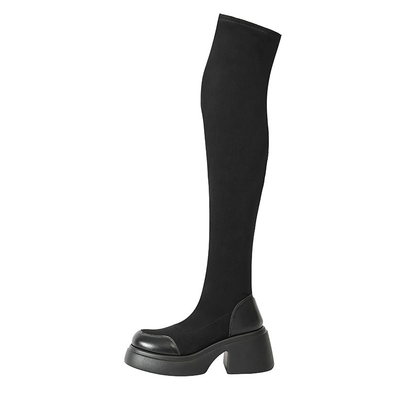 Women's Small Thick Bottom Round Head Over The Knee Korean Style Women's Leather Boots