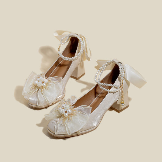Women's Bridesmaid Pearl Square Toe Chain Satin Women's Shoes