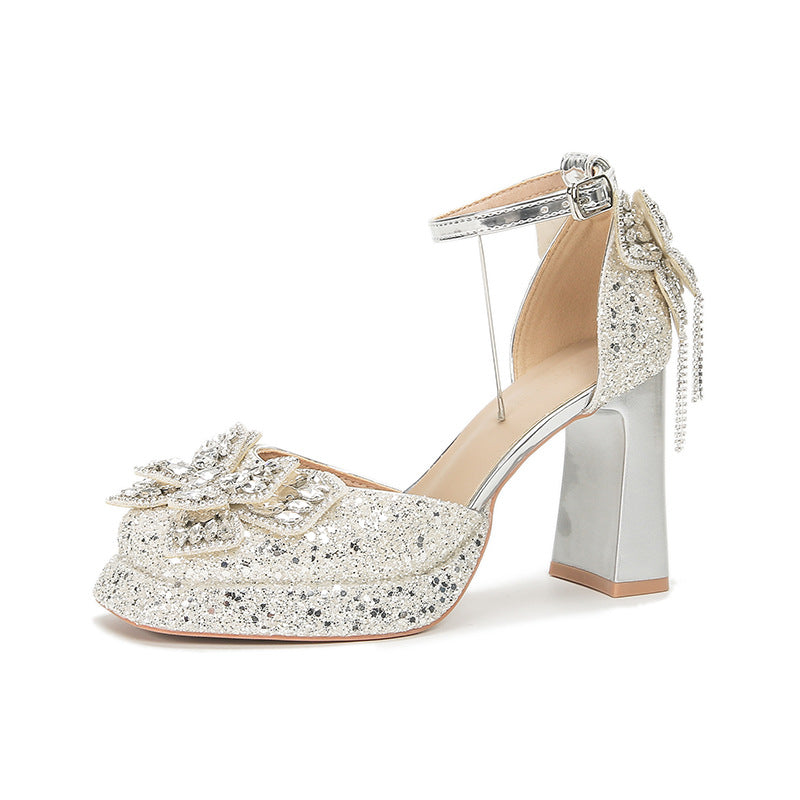 Chunky Flashing Wedding Dress Two-way Wear Not Tired Feet Square Women's Fashion Shoes
