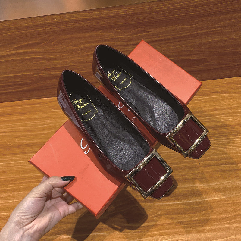 Women's Square Buckle Toe Flats Patent Low-cut Women's Shoes