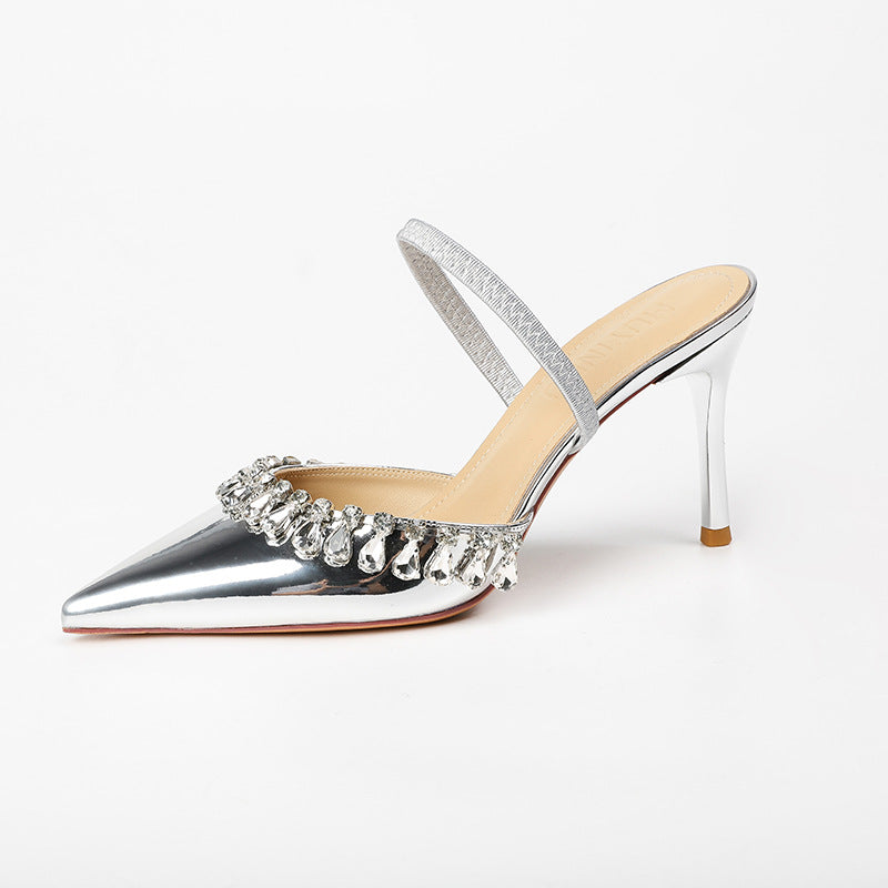 Women's Closed Back Empty Sier Rhinestone High-heeled High Heeled Sandals