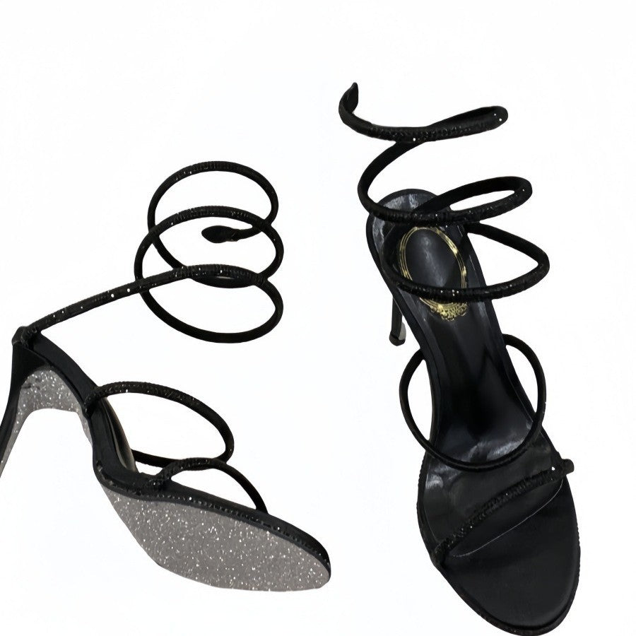 Women's Snakelike Winding Sexy Rhinestones Round Toe High Heeled Sandals