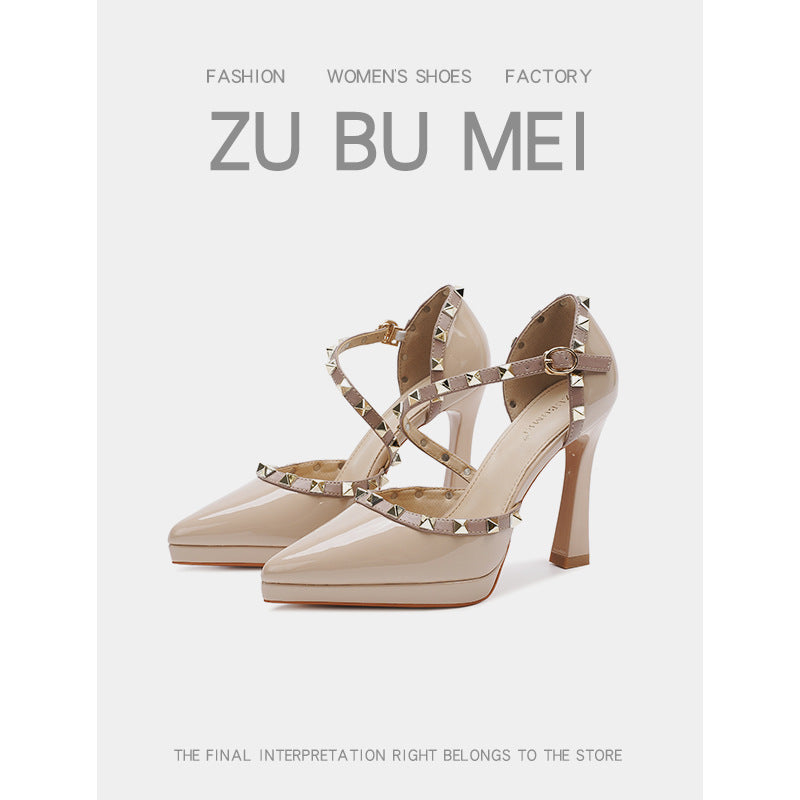 Women's Rivets Toe Cap Hollow Pointed Stiletto High Heeled Sandals