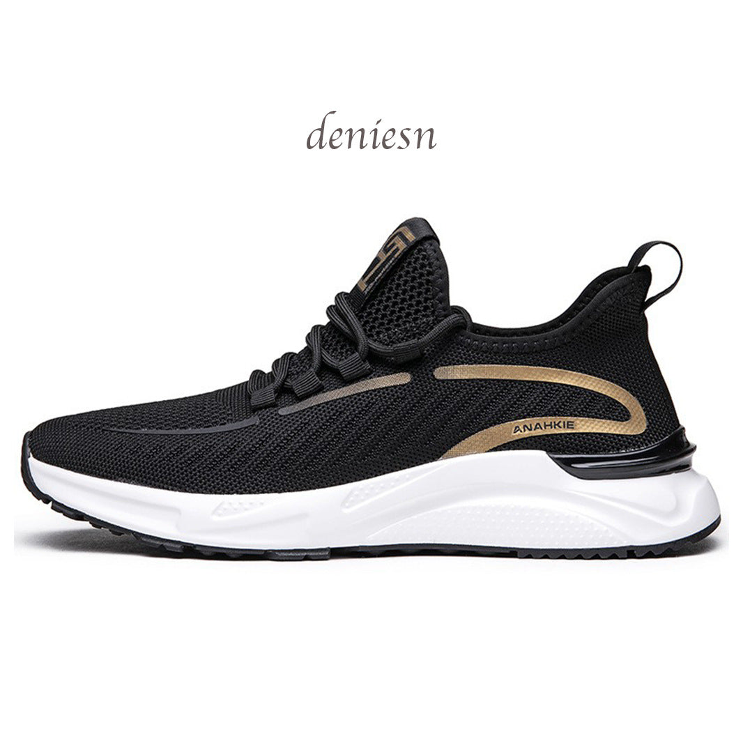 Men's Thin Mesh Black Surface White Background Breathable Travel Flying Woven Men's Sports Shoes