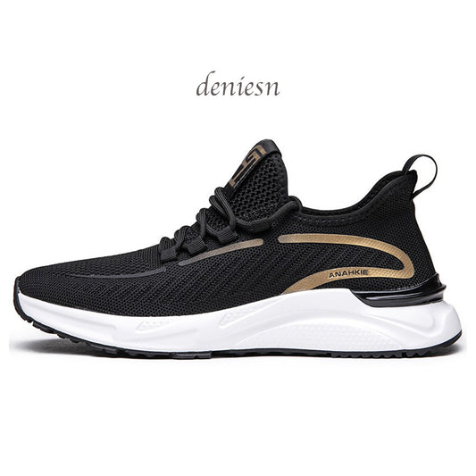 Men's Thin Mesh Black Surface White Background Breathable Travel Flying Woven Men's Sports Shoes