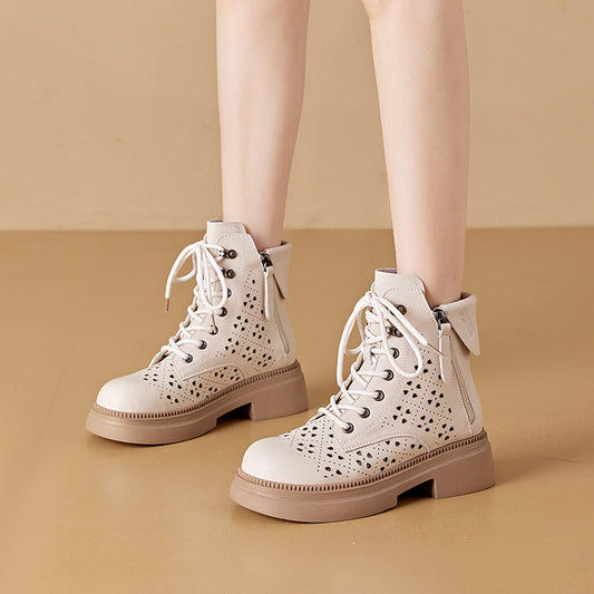 Women's Authentic Hollow Out Martin Thick-soled Korean Double-sided Women's Leather Boots